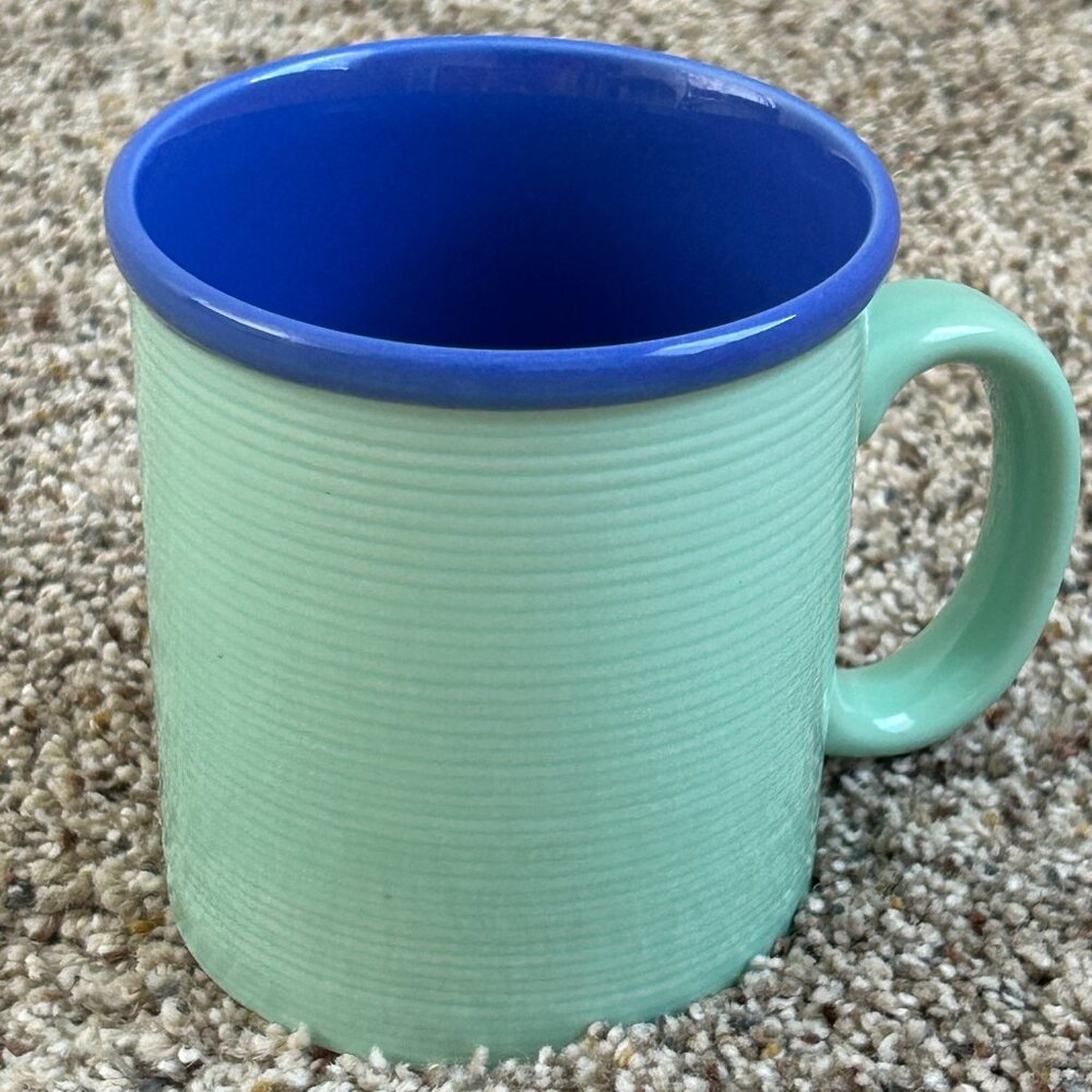 Coffee Mug Tea Cup Made Japan Ribbed Ringed Sides Pottery Green Blue Rim Read